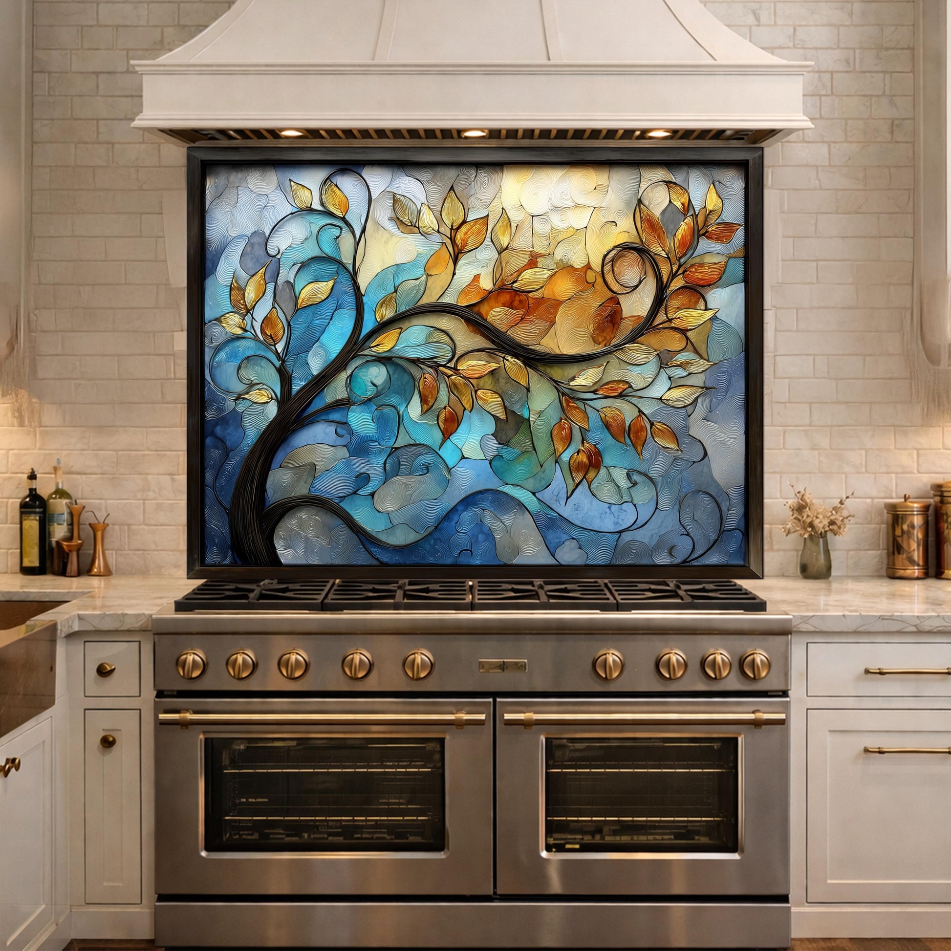 Abstract Tree Glass Backsplash, Blue Gold Floral Kitchen Panel, Modern Wall Art Decor