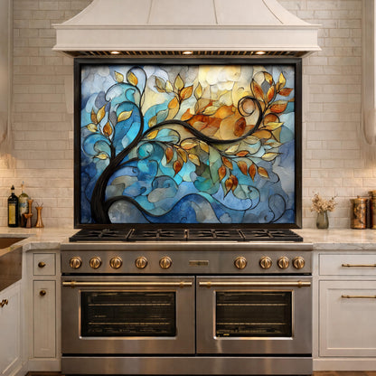 Abstract Tree Glass Backsplash, Blue Gold Floral Kitchen Panel, Modern Wall Art Decor