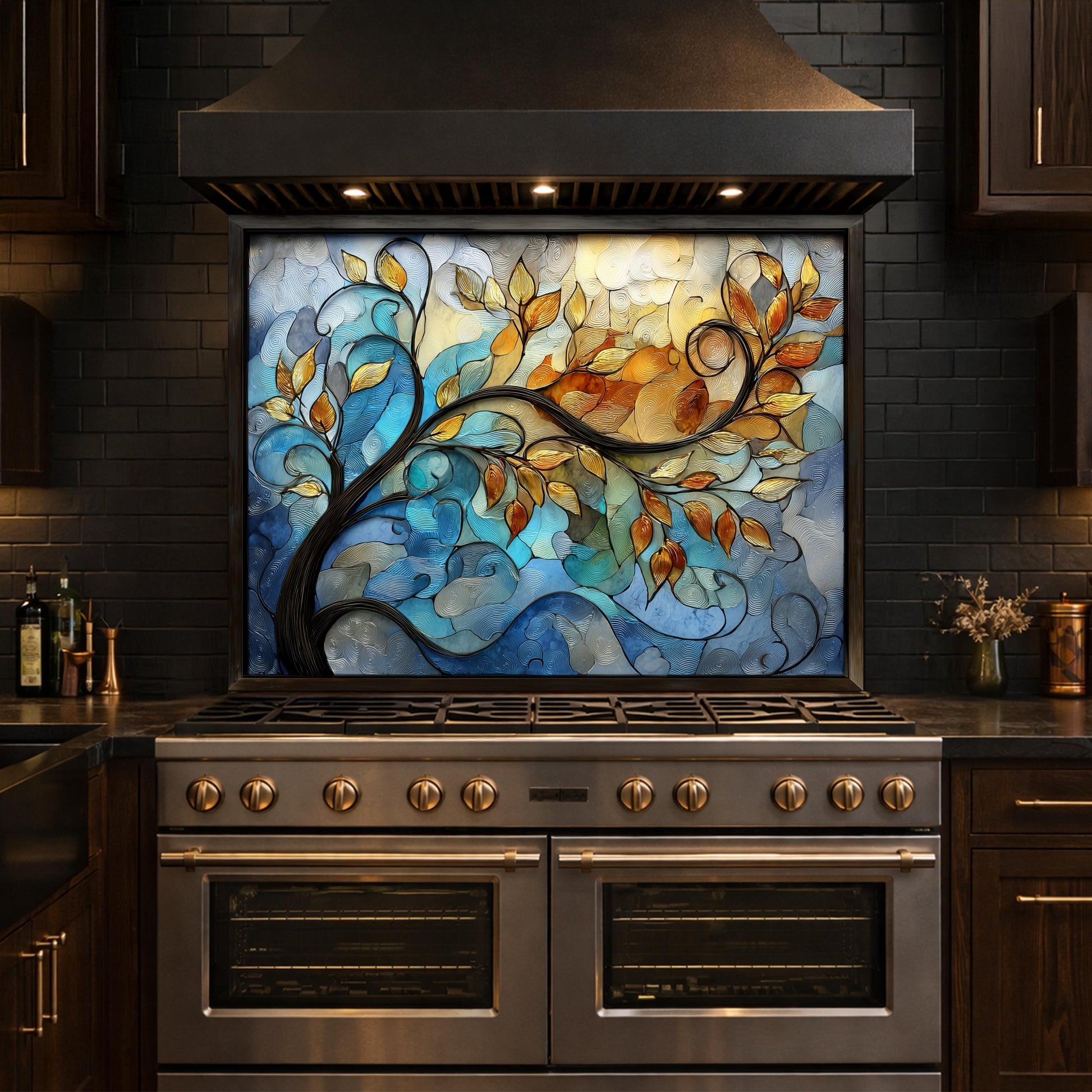 Abstract Tree Glass Backsplash, Blue Gold Floral Kitchen Panel, Modern Wall Art Decor
