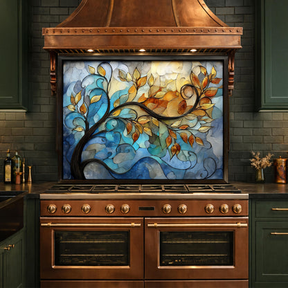 Abstract Tree Glass Backsplash, Blue Gold Floral Kitchen Panel, Modern Wall Art Decor