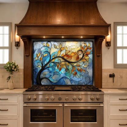Abstract Tree Glass Backsplash, Blue Gold Floral Kitchen Panel, Modern Wall Art Decor