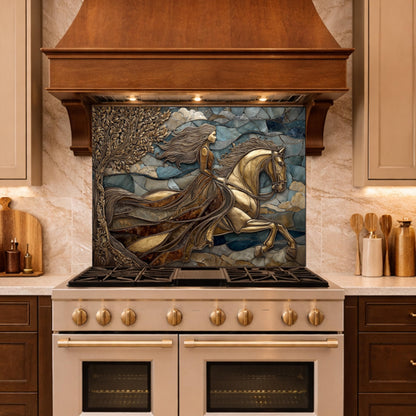 Horse Rider Glass Backsplash, Gold Equestrian Kitchen Wall Art Luxury Panel
