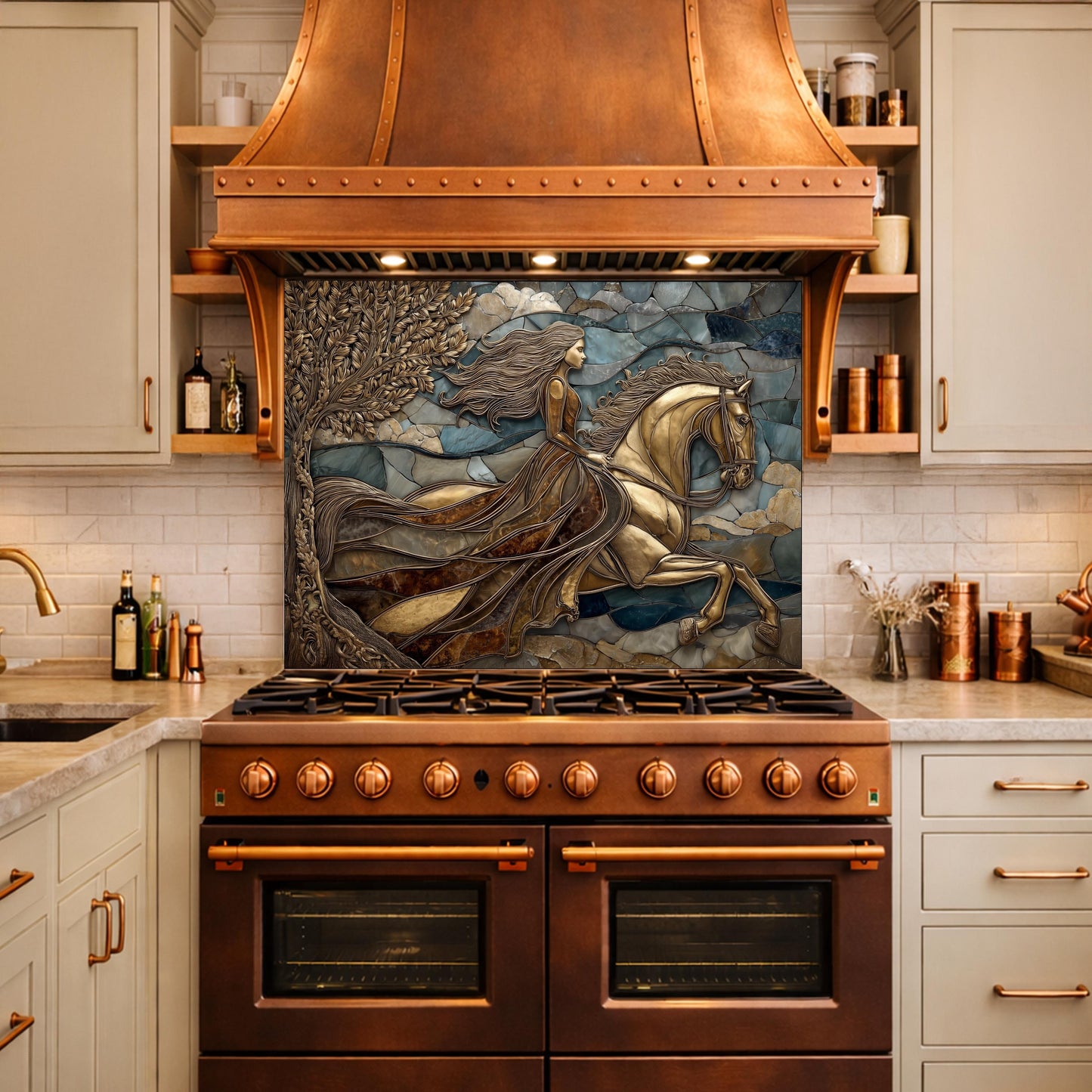 Horse Rider Glass Backsplash, Gold Equestrian Kitchen Wall Art Luxury Panel