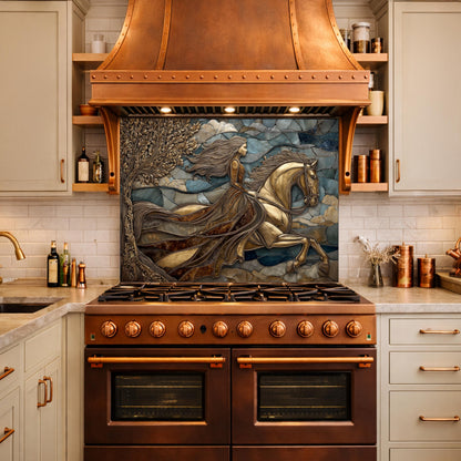 Horse Rider Glass Backsplash, Gold Equestrian Kitchen Wall Art Luxury Panel