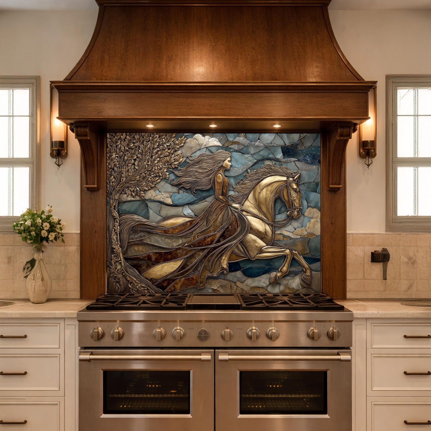 Horse Rider Glass Backsplash, Gold Equestrian Kitchen Wall Art Luxury Panel