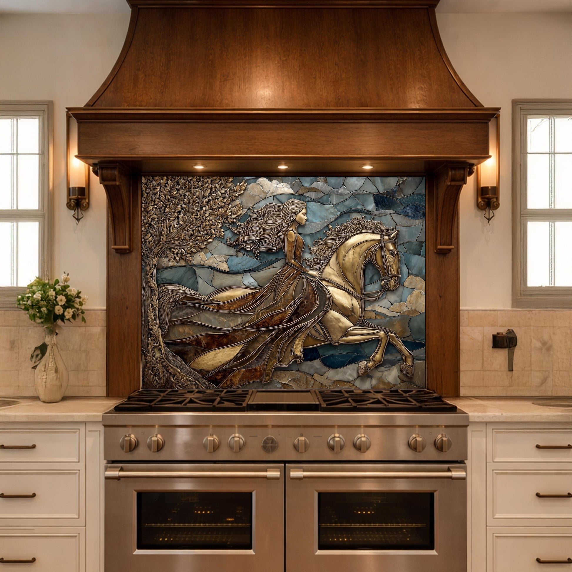 Horse Rider Glass Backsplash, Gold Equestrian Kitchen Wall Art Luxury Panel