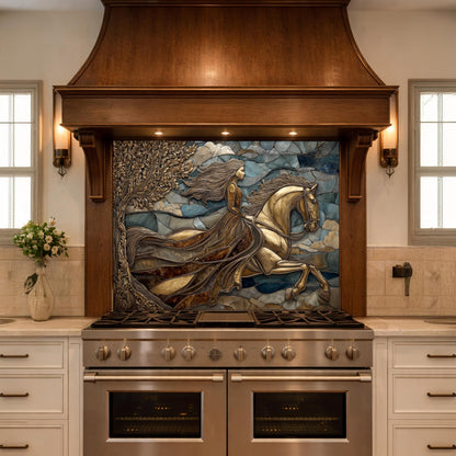 Horse Rider Glass Backsplash, Gold Equestrian Kitchen Wall Art Luxury Panel