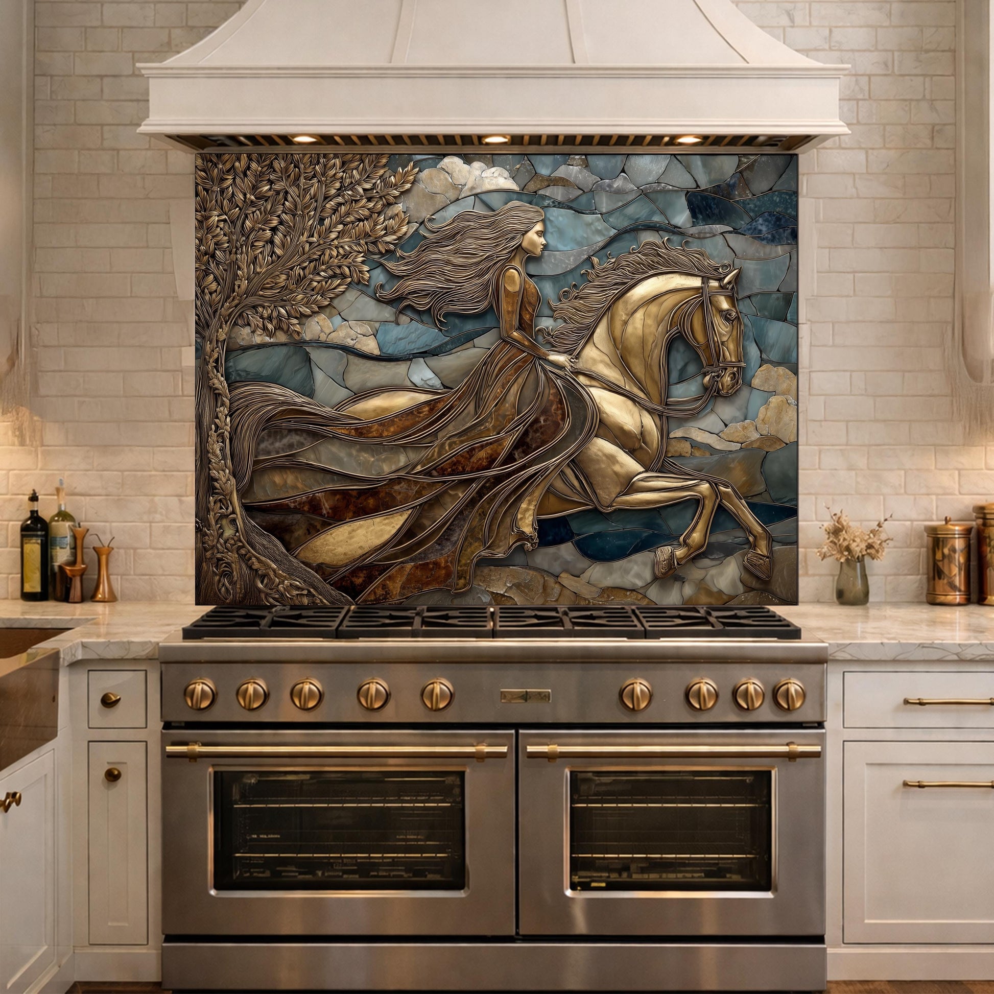 Horse Rider Glass Backsplash, Gold Equestrian Kitchen Wall Art Luxury Panel