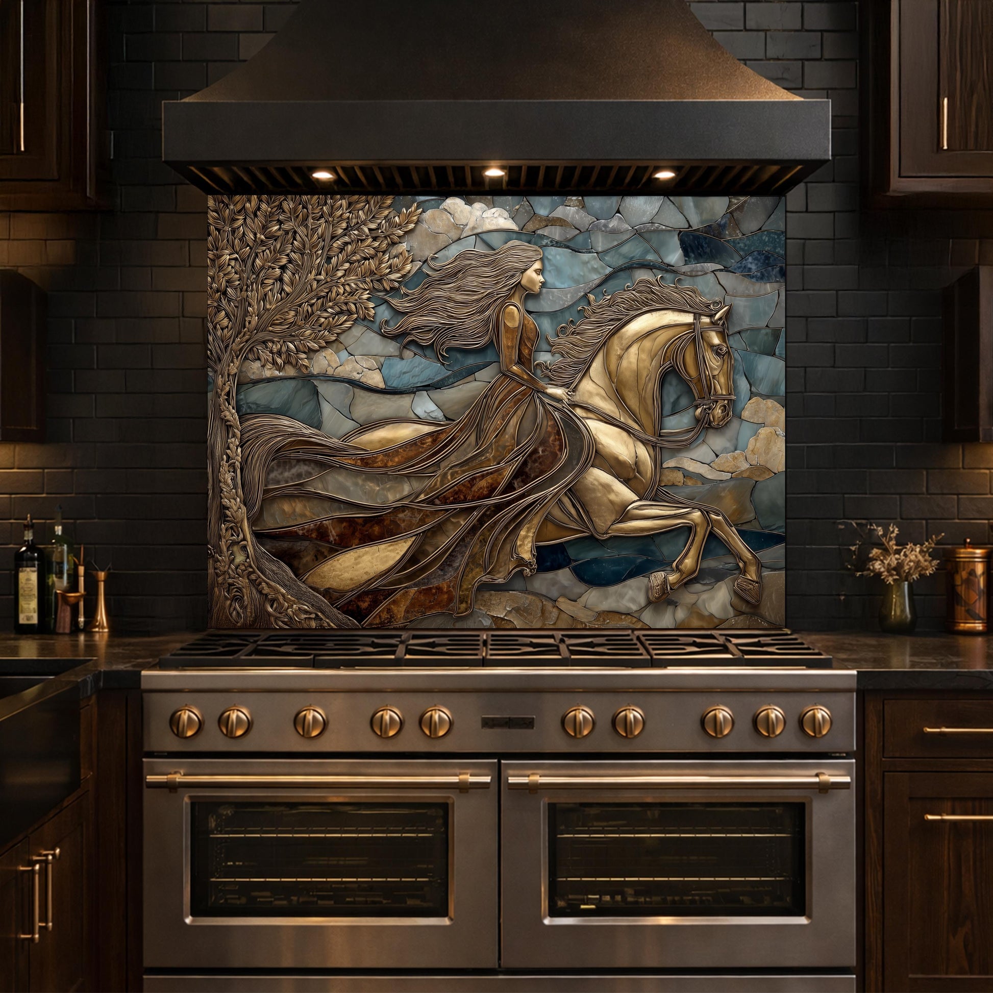 Horse Rider Glass Backsplash, Gold Equestrian Kitchen Wall Art Luxury Panel