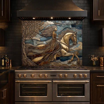 Horse Rider Glass Backsplash, Gold Equestrian Kitchen Wall Art Luxury Panel