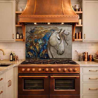 Golden Horse Glass Backsplash, Blue Mosaic Art Nouveau Kitchen Wall Panel