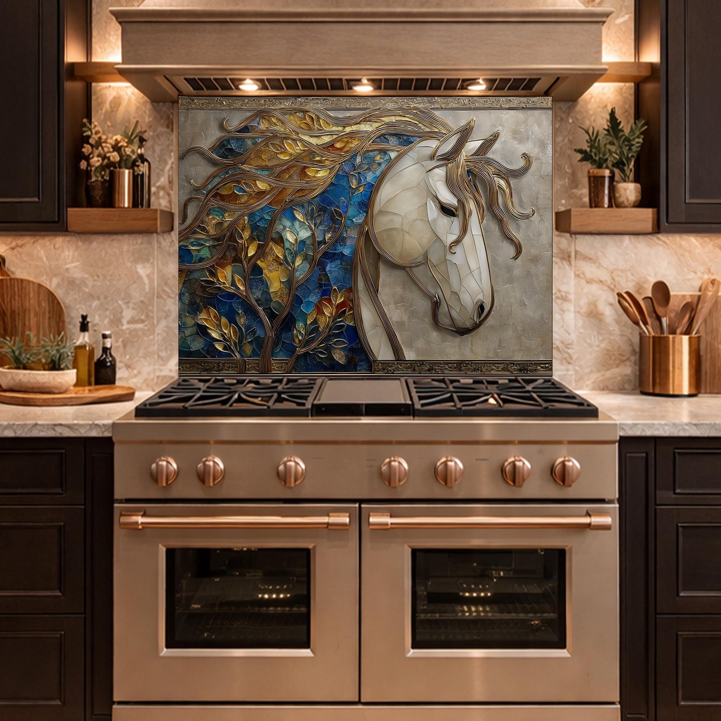 Golden Horse Glass Backsplash, Blue Mosaic Art Nouveau Kitchen Wall Panel