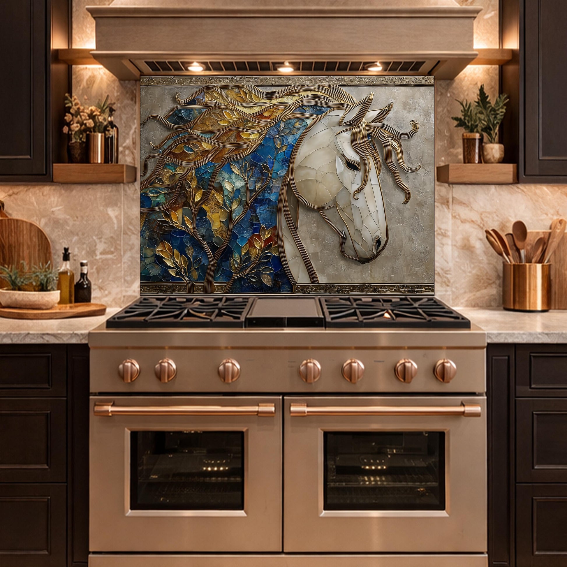 Golden Horse Glass Backsplash, Blue Mosaic Art Nouveau Kitchen Wall Panel