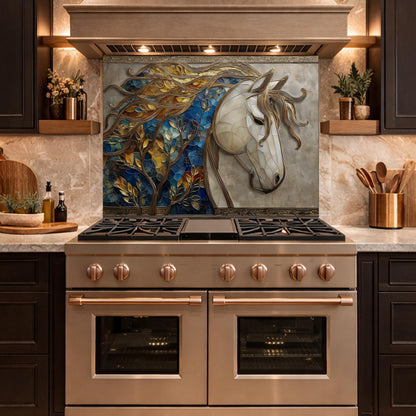 Golden Horse Glass Backsplash, Blue Mosaic Art Nouveau Kitchen Wall Panel