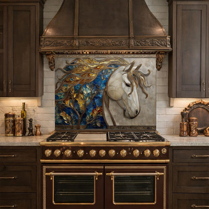 Golden Horse Glass Backsplash, Blue Mosaic Art Nouveau Kitchen Wall Panel