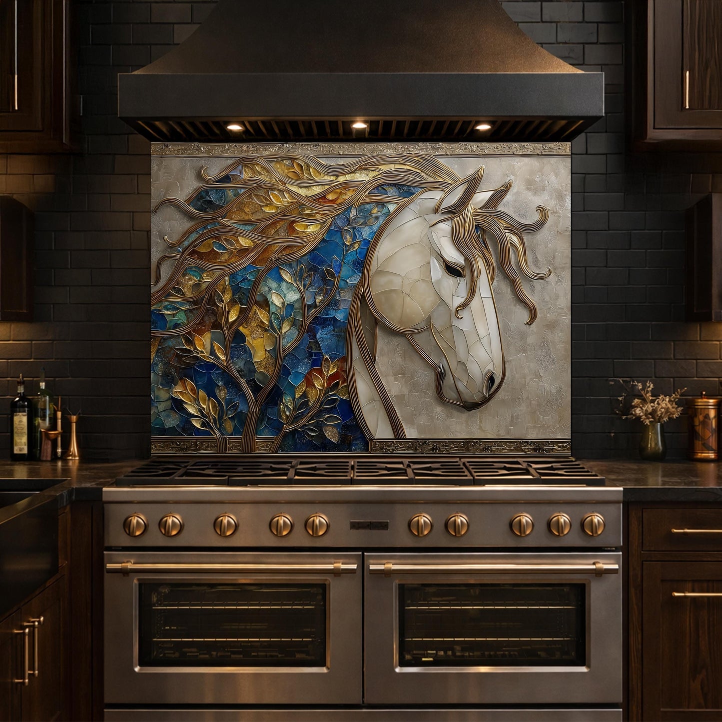 Golden Horse Glass Backsplash, Blue Mosaic Art Nouveau Kitchen Wall Panel