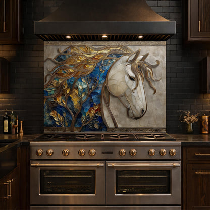 Golden Horse Glass Backsplash, Blue Mosaic Art Nouveau Kitchen Wall Panel