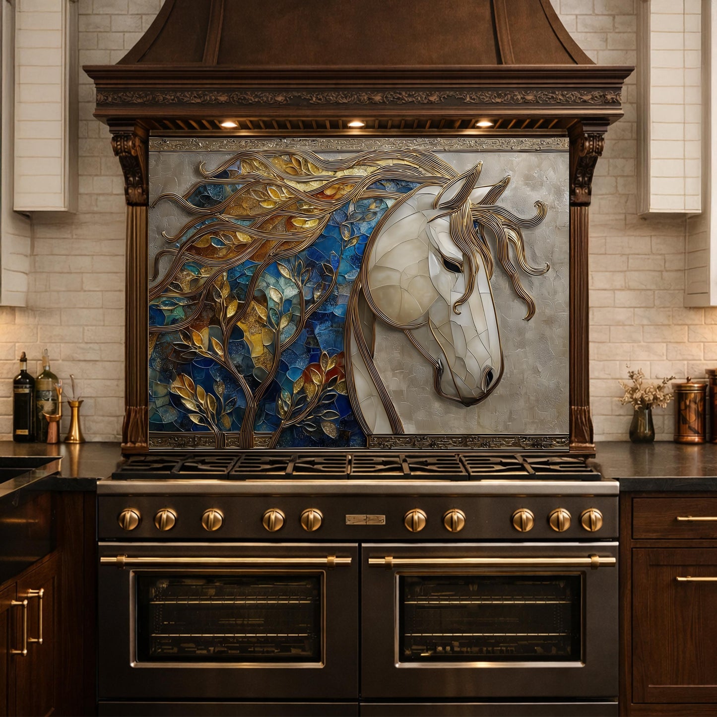 Golden Horse Glass Backsplash, Blue Mosaic Art Nouveau Kitchen Wall Panel