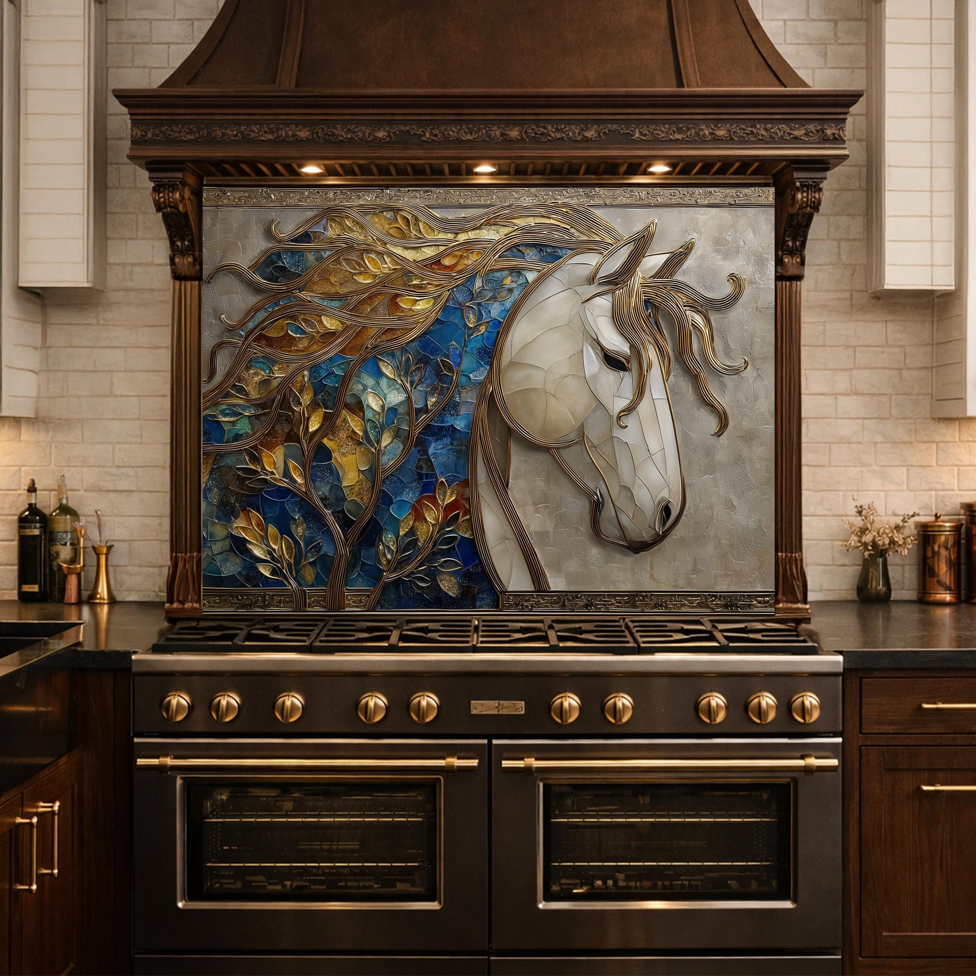 Golden Horse Glass Backsplash, Blue Mosaic Art Nouveau Kitchen Wall Panel
