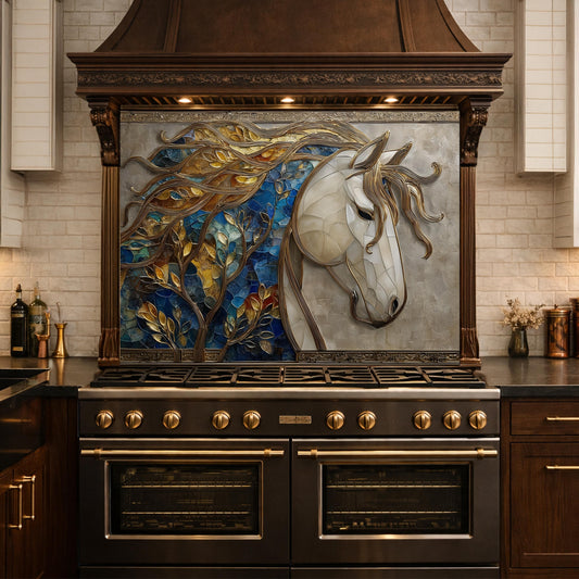 Golden Horse Glass Backsplash, Blue Mosaic Art Nouveau Kitchen Wall Panel