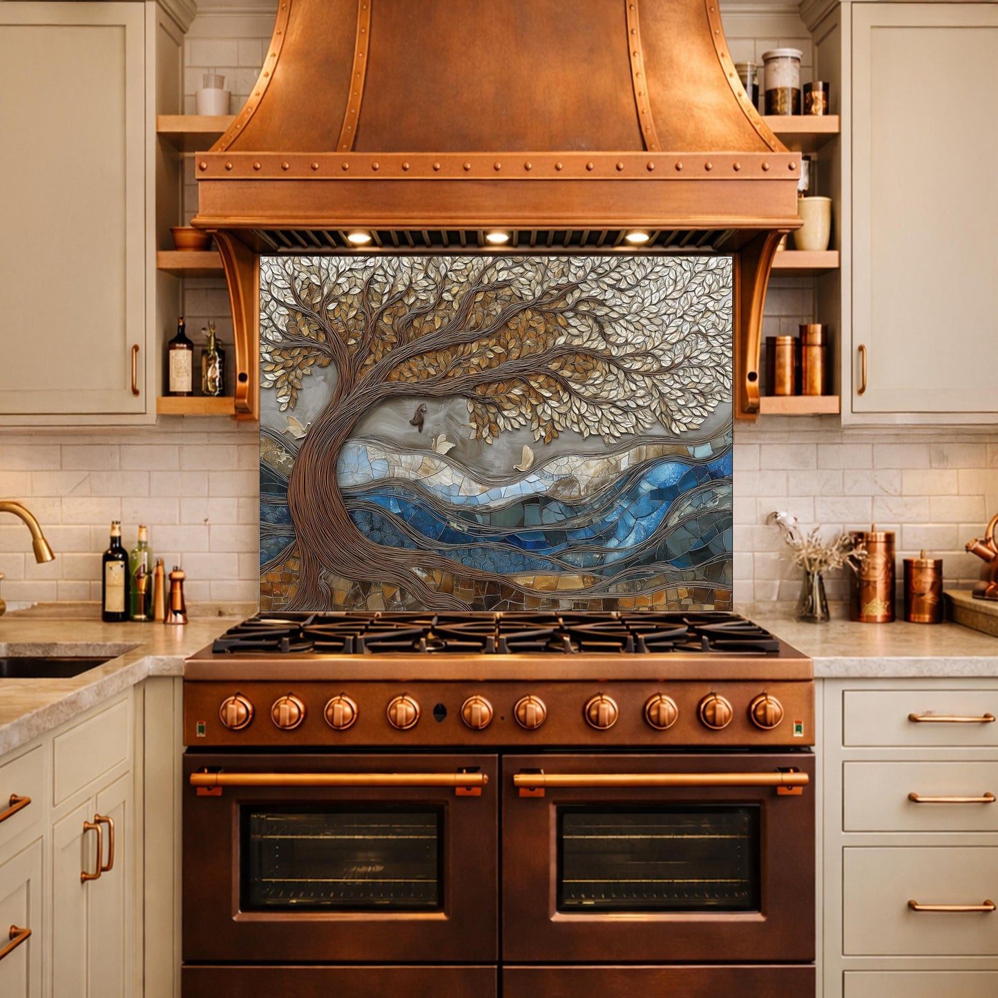 Tree of Life Glass Backsplash, Blue River Mosaic Kitchen Wall Art Panel