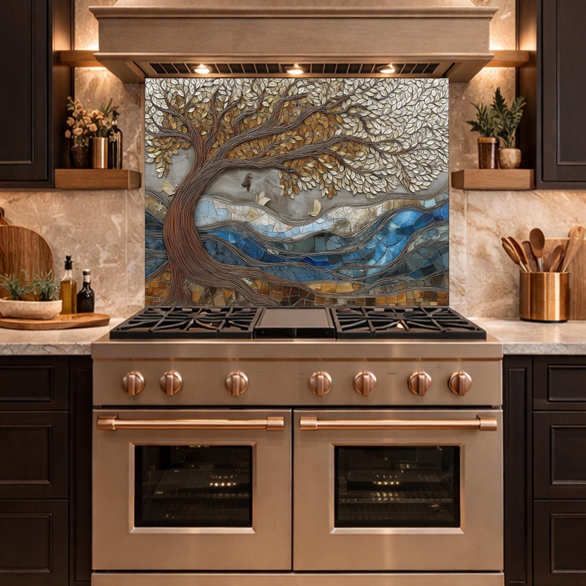 Tree of Life Glass Backsplash, Blue River Mosaic Kitchen Wall Art Panel