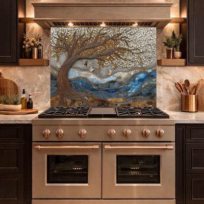 Tree of Life Glass Backsplash, Blue River Mosaic Kitchen Wall Art Panel