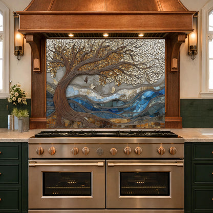Tree of Life Glass Backsplash, Blue River Mosaic Kitchen Wall Art Panel
