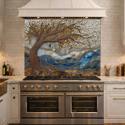 Tree of Life Glass Backsplash, Blue River Mosaic Kitchen Wall Art Panel