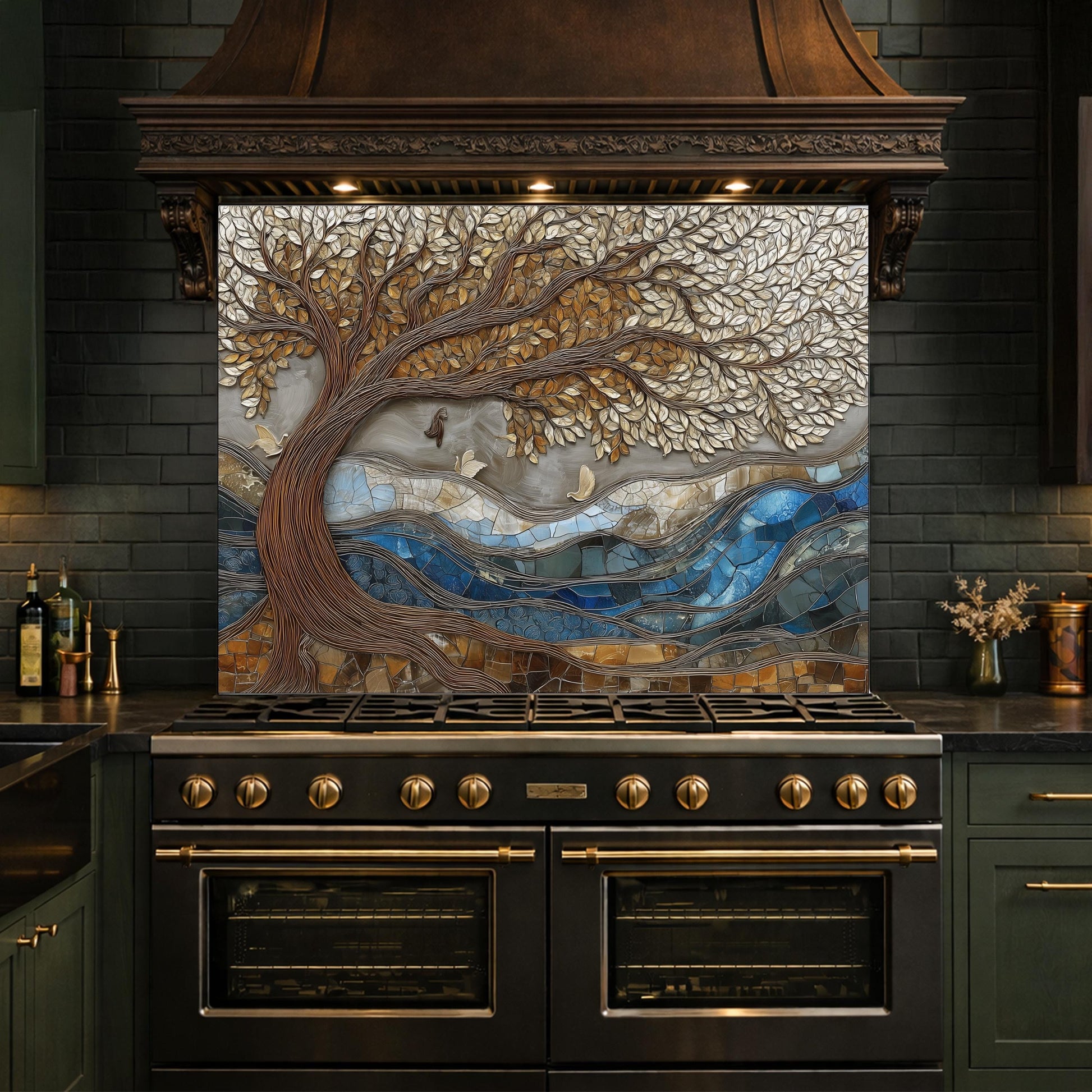 Tree of Life Glass Backsplash, Blue River Mosaic Kitchen Wall Art Panel
