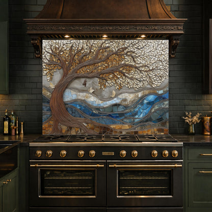Tree of Life Glass Backsplash, Blue River Mosaic Kitchen Wall Art Panel