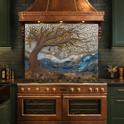 Tree of Life Glass Backsplash, Blue River Mosaic Kitchen Wall Art Panel