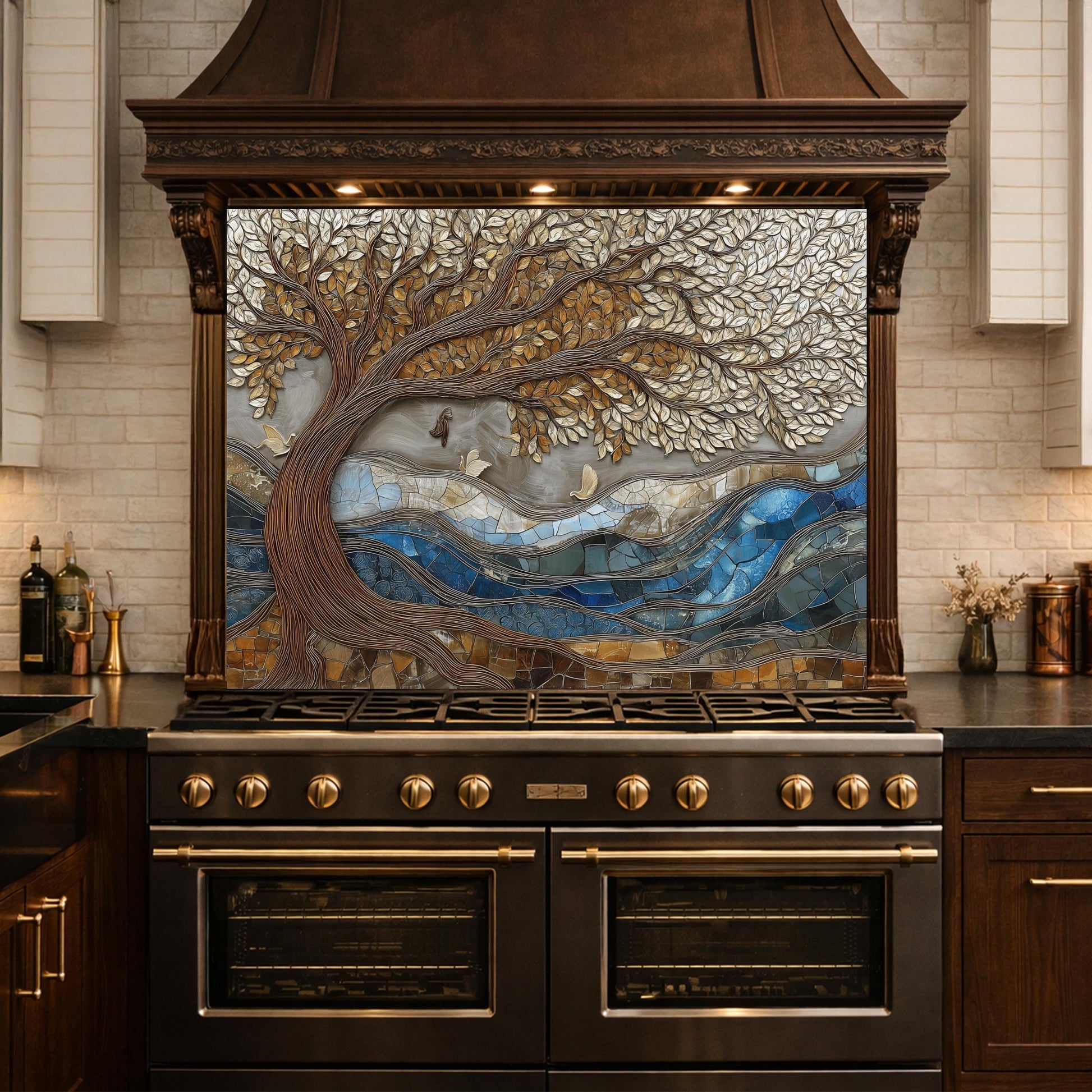 Tree of Life Glass Backsplash, Blue River Mosaic Kitchen Wall Art Panel