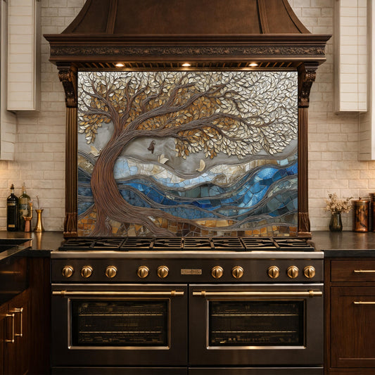 Tree of Life Glass Backsplash, Blue River Mosaic Kitchen Wall Art Panel