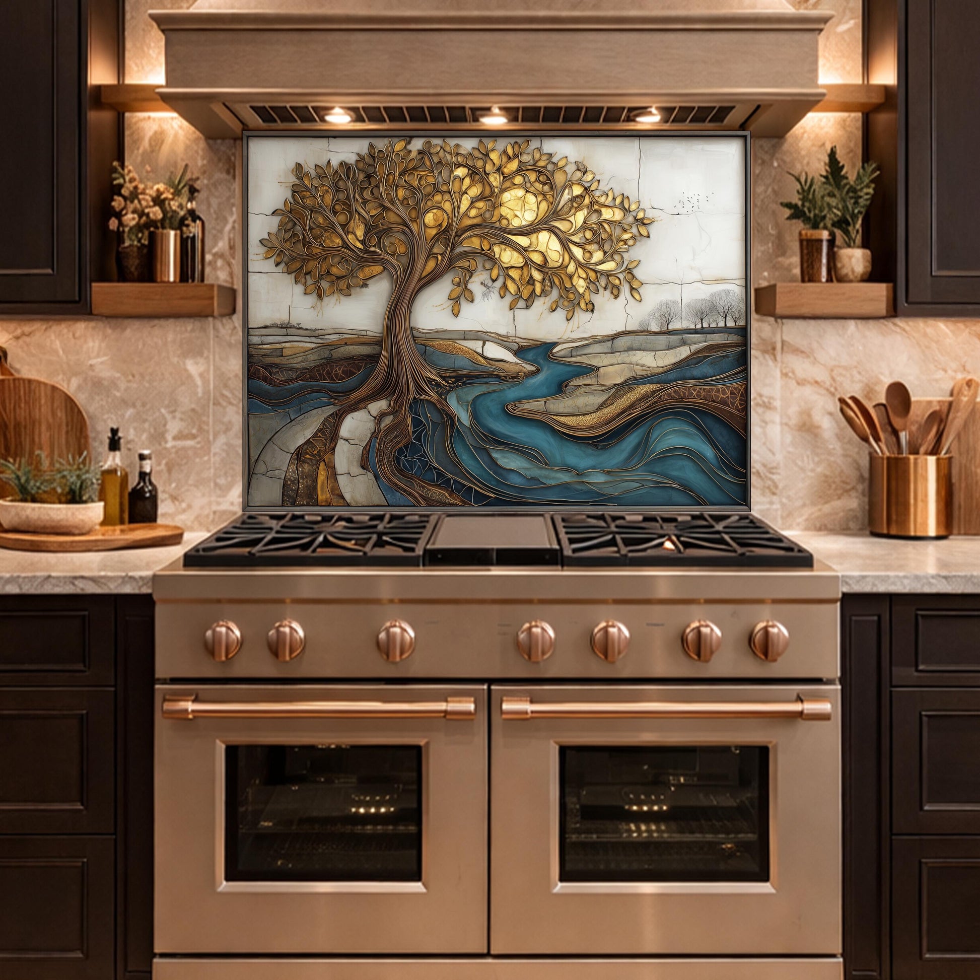 Golden Tree of Life Glass Backsplash, Blue River Kitchen Wall Art Panel