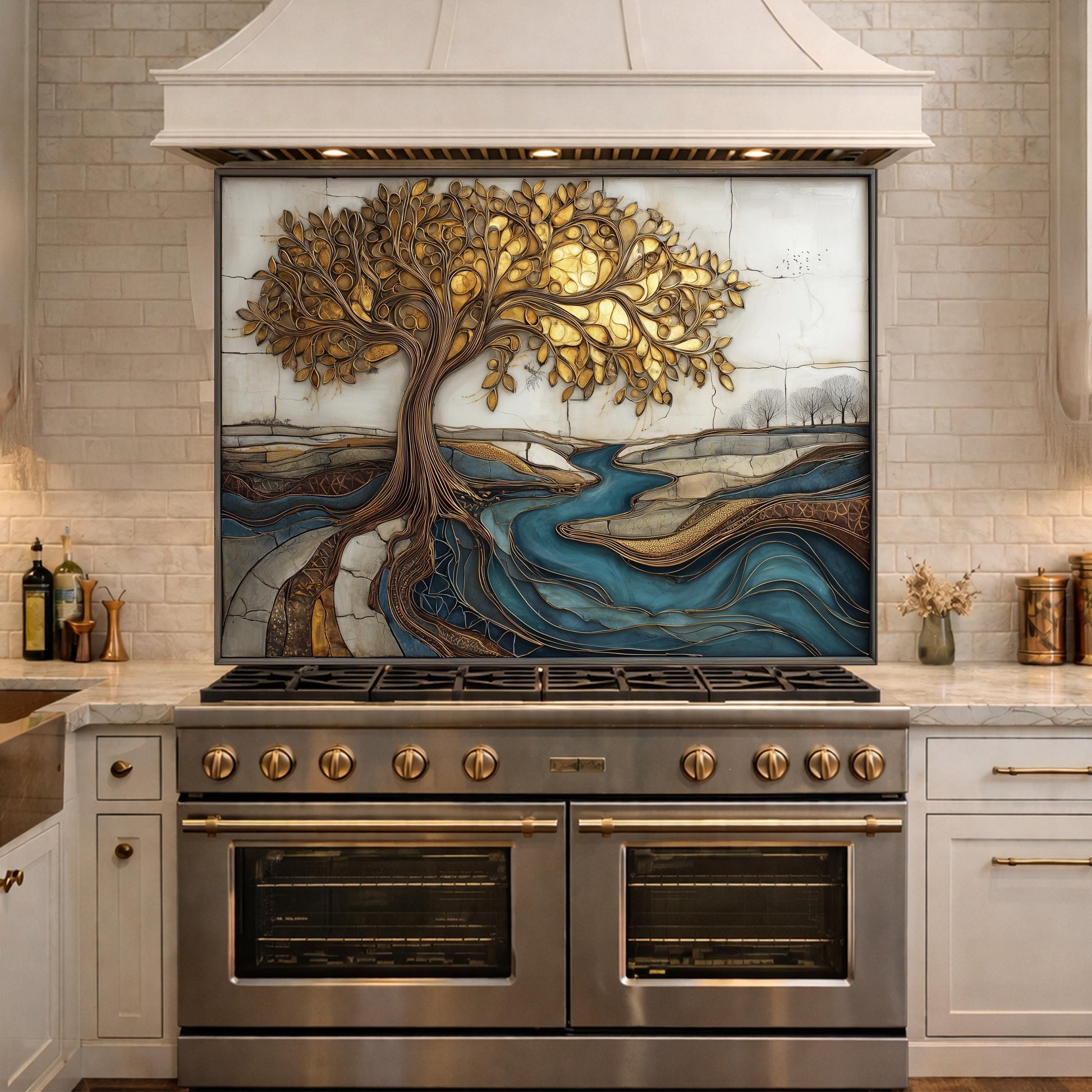 Golden Tree of Life Glass Backsplash, Blue River Kitchen Wall Art Panel
