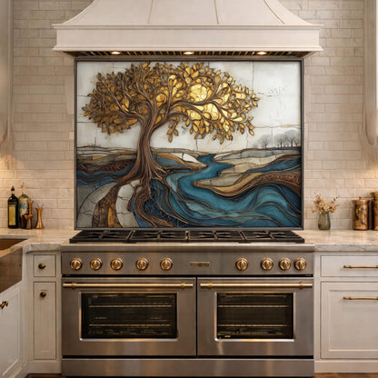 Golden Tree of Life Glass Backsplash, Blue River Kitchen Wall Art Panel