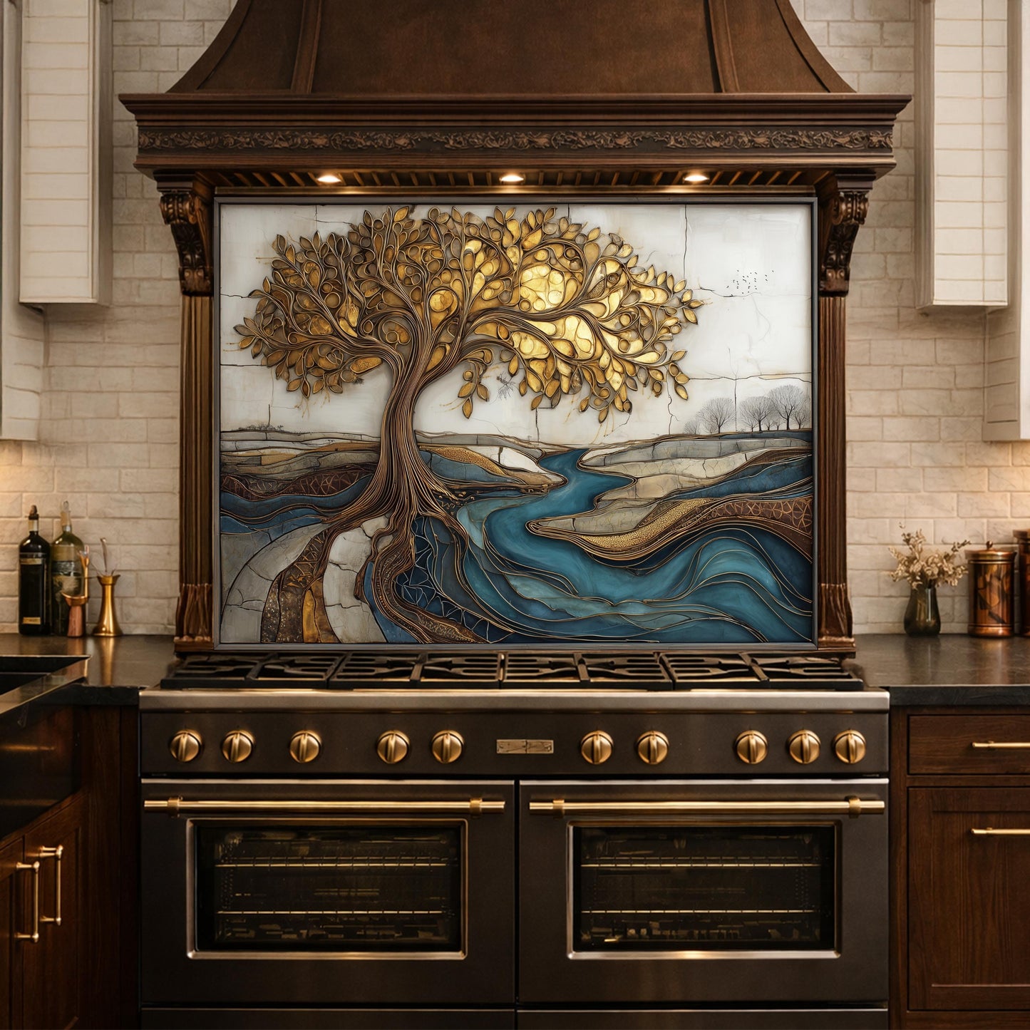 Golden Tree of Life Glass Backsplash, Blue River Kitchen Wall Art Panel