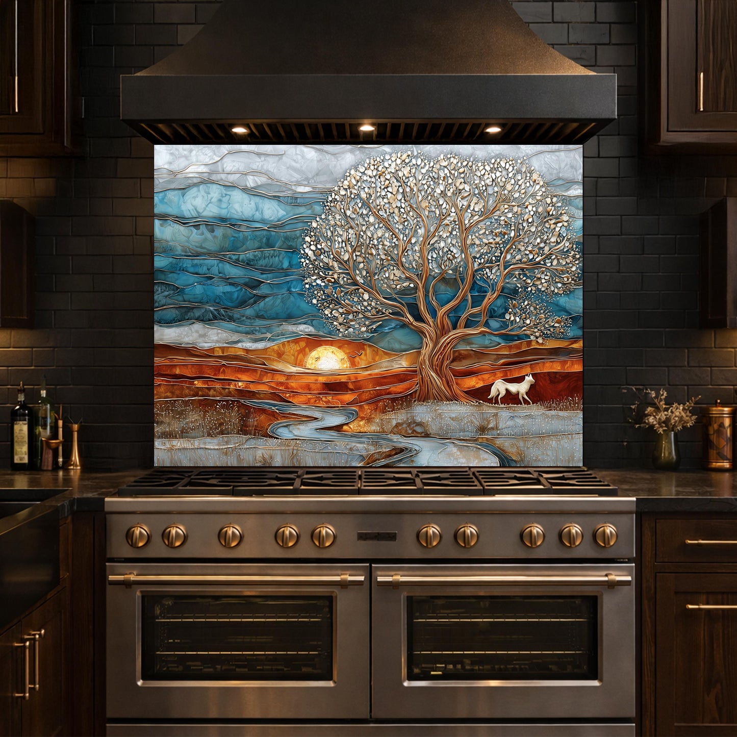 Tree of Life Glass Backsplash, Sunset Landscape Kitchen Wall Art Panel