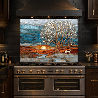 Tree of Life Glass Backsplash, Sunset Landscape Kitchen Wall Art Panel
