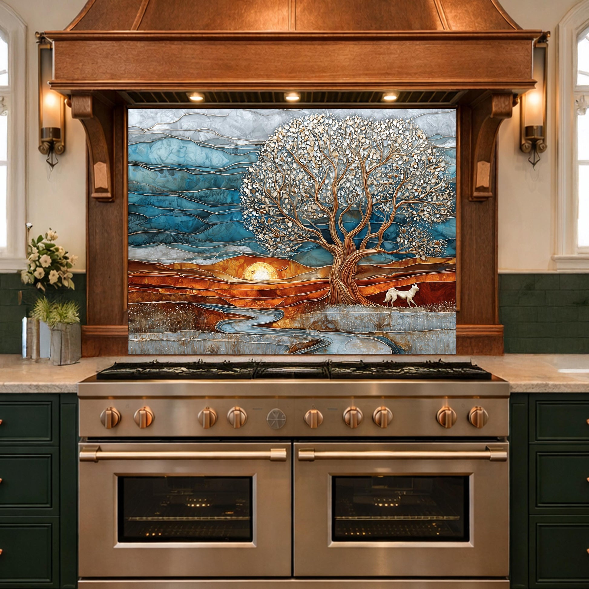 Tree of Life Glass Backsplash, Sunset Landscape Kitchen Wall Art Panel