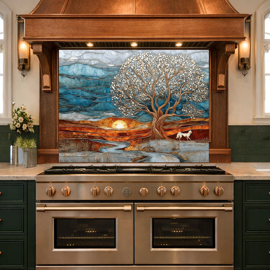 Tree of Life Glass Backsplash, Sunset Landscape Kitchen Wall Art Panel