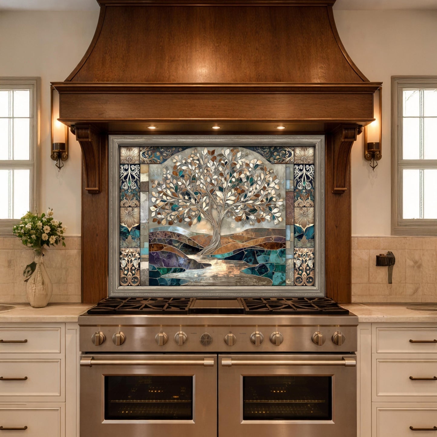 Tree of Life Glass Backsplash, Mosaic Art Kitchen Wall Panel Blue Gold