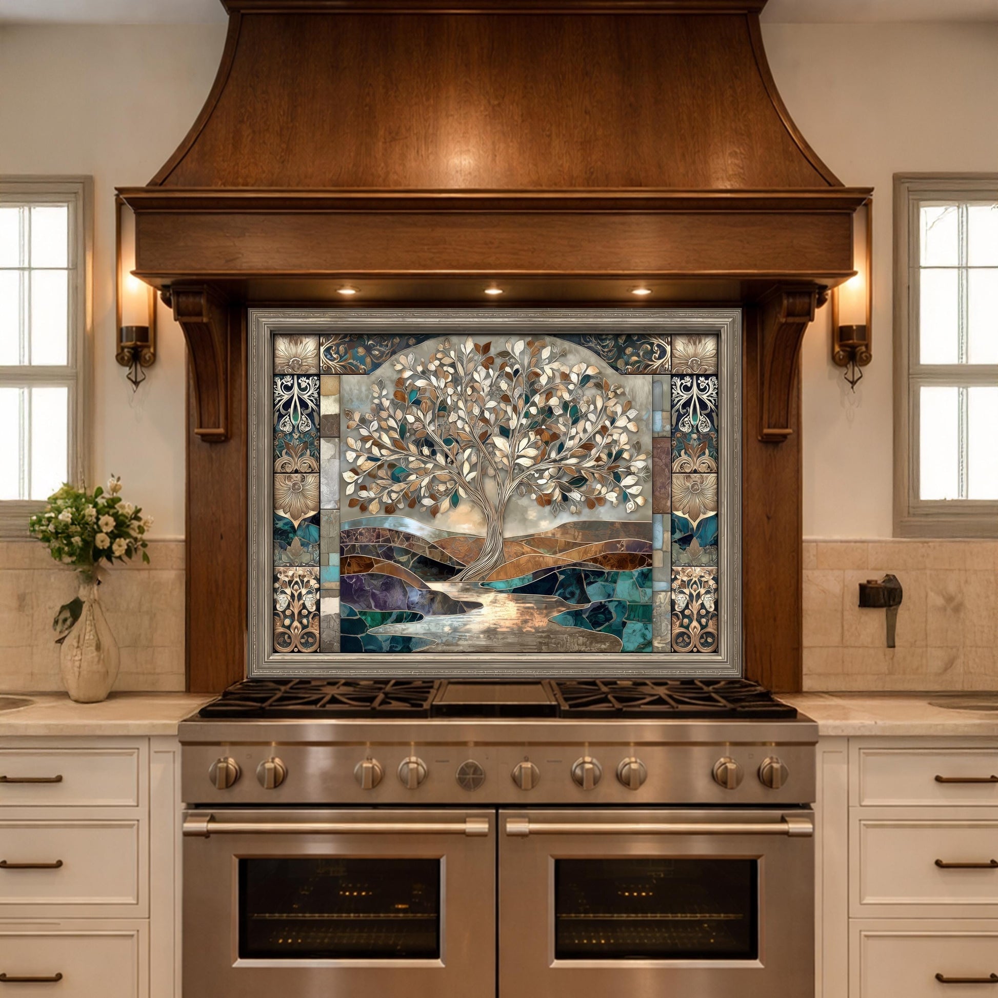 Tree of Life Glass Backsplash, Mosaic Art Kitchen Wall Panel Blue Gold