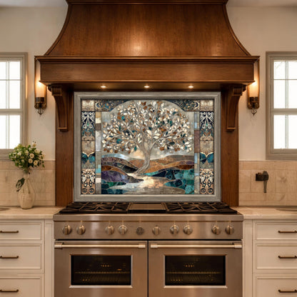 Tree of Life Glass Backsplash, Mosaic Art Kitchen Wall Panel Blue Gold