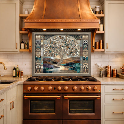 Tree of Life Glass Backsplash, Mosaic Art Kitchen Wall Panel Blue Gold