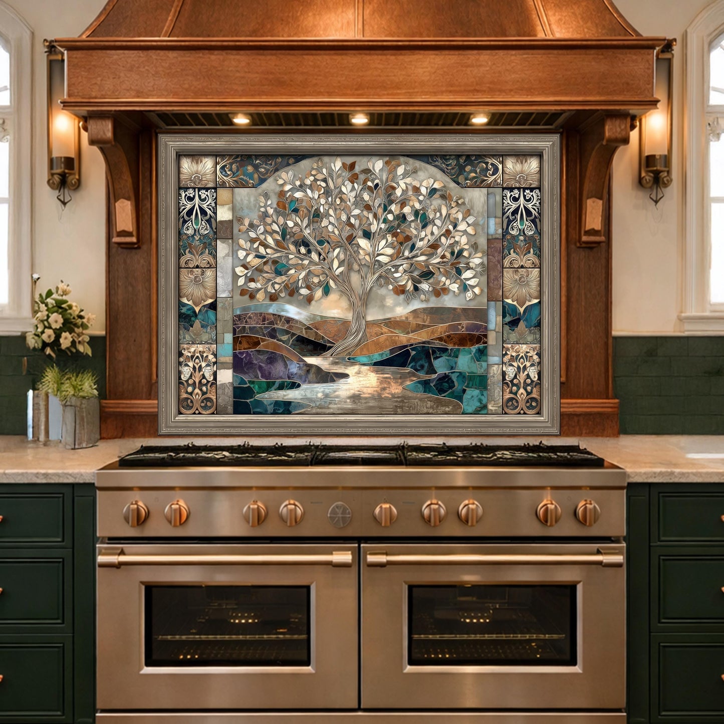 Tree of Life Glass Backsplash, Mosaic Art Kitchen Wall Panel Blue Gold