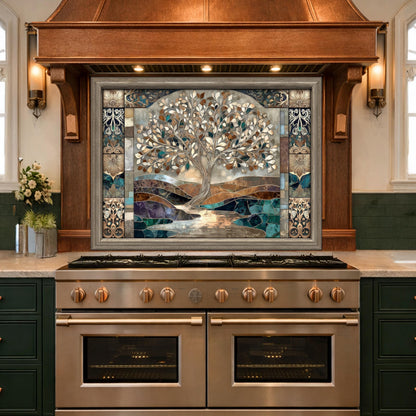 Tree of Life Glass Backsplash, Mosaic Art Kitchen Wall Panel Blue Gold