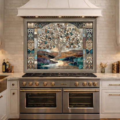 Tree of Life Glass Backsplash, Mosaic Art Kitchen Wall Panel Blue Gold