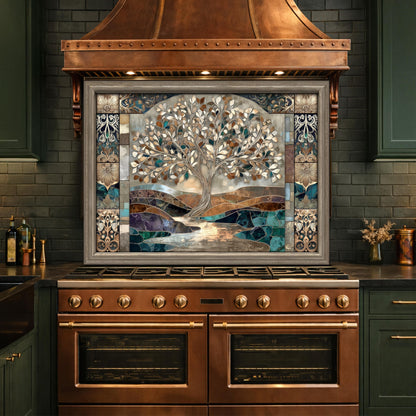 Tree of Life Glass Backsplash, Mosaic Art Kitchen Wall Panel Blue Gold